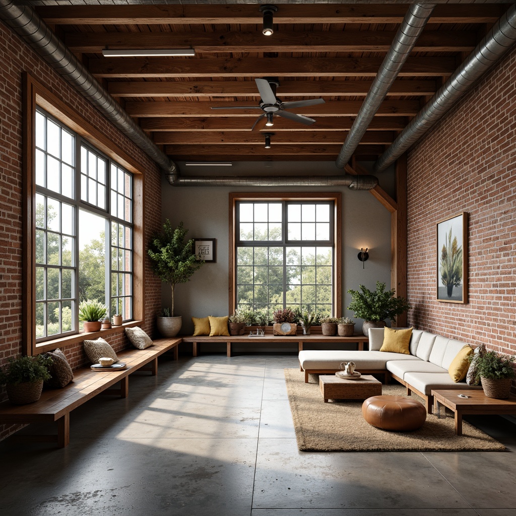 Prompt: Exposed brick walls, reclaimed wood accents, industrial metal beams, polished concrete floors, modern minimalist decor, cozy reading nooks, floor-to-ceiling windows, natural sunlight, rustic wooden furniture, vintage decorative items, earthy color palette, warm atmospheric lighting, shallow depth of field, 3/4 composition, panoramic view, realistic textures, ambient occlusion.