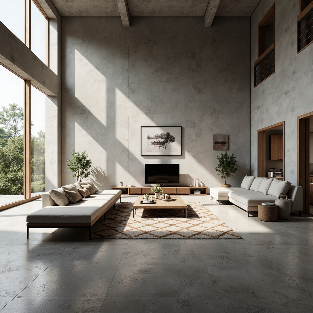 Prompt: Minimalist living room, polished concrete floors, industrial chic atmosphere, sleek lines, monochromatic color scheme, natural light pouring in, sparse furniture arrangement, low-profile sofas, geometric-patterned rugs, matte-finish wooden accents, subtle textures, neutral-toned walls, hidden lighting systems, soft warm glow, shallow depth of field, 1/1 composition, realistic rendering.