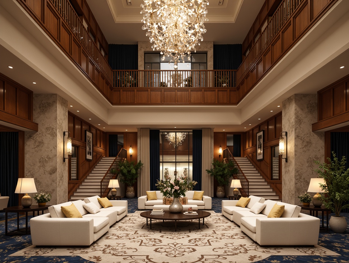 Prompt: Rich wood tones, luxurious fabrics, earthy color schemes, sophisticated chandeliers, elegant furnishings, refined textures, classic architectural details, warm neutral backgrounds, subtle patterns, creamy whites, deep blues, rich gold accents, ornate mirrors, plush carpets, inviting lobbies, grand staircases, natural stone walls, sophisticated lighting designs, dramatic ceiling heights, 1/2 composition, softbox lighting, realistic renderings.