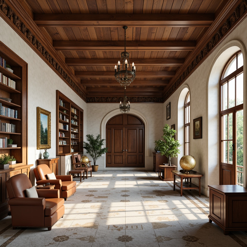 Prompt: Rich wood tones, creamy whites, soft blues, muted greens, warm beige, classic stone walls, ornate moldings, grand chandeliers, plush carpets, leather-bound books, vintage globes, elegant archways, sophisticated furniture, refined metal accents, subtle patterns, natural textures, warm afternoon lighting, shallow depth of field, 2/3 composition, realistic renderings.