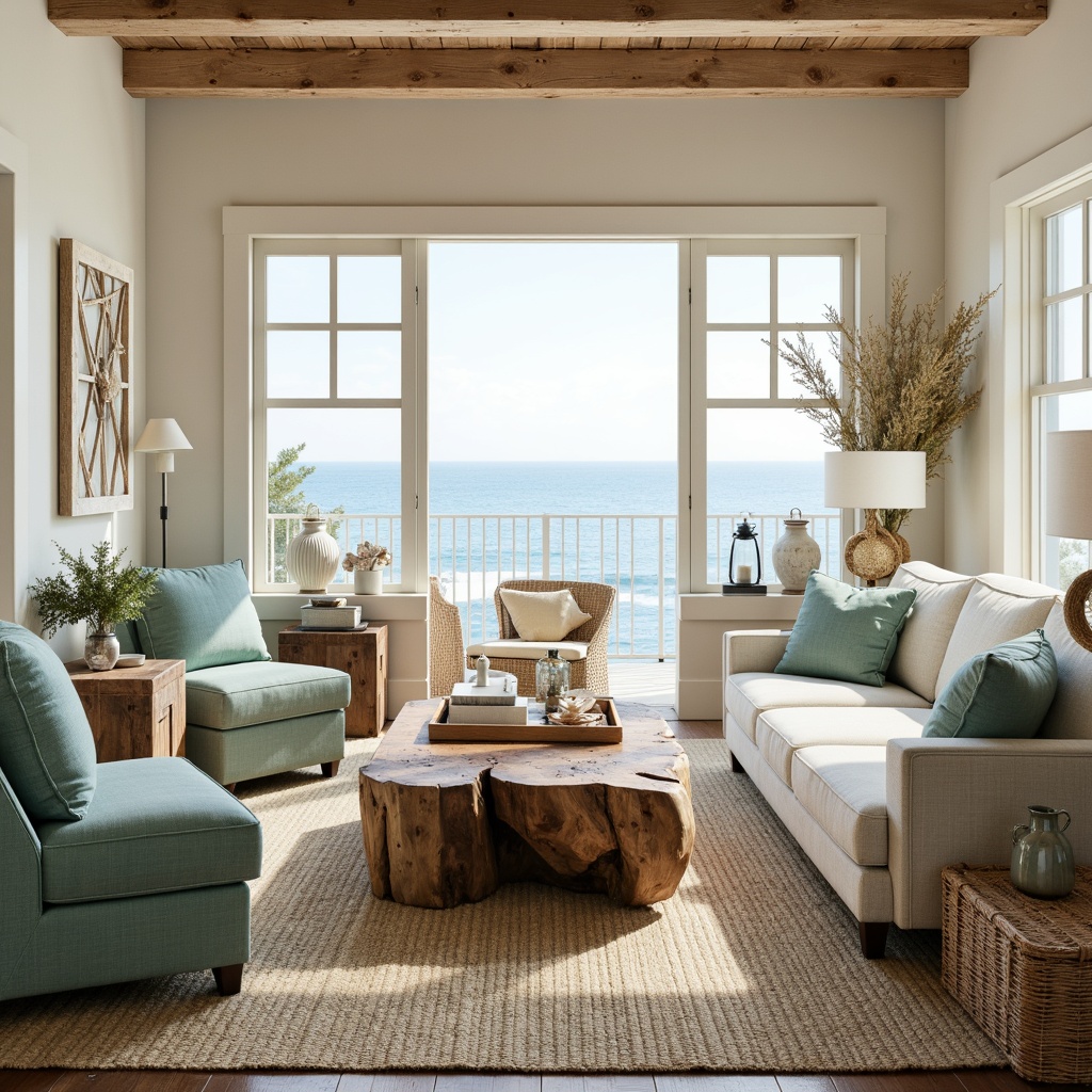 Prompt: Weathered wood accents, driftwood coffee table, natural fiber rugs, linen-upholstered sofa, seafoam green armchairs, coral-inspired vases, shell-adorned decorative boxes, ocean-blue throw pillows, woven rattan storage baskets, glass-topped side tables, distressed white wooden shelving units, nautical rope details, beachy lanterns, calming ocean views, soft morning light, 1/2 composition, shallow depth of field, warm beige color palette.