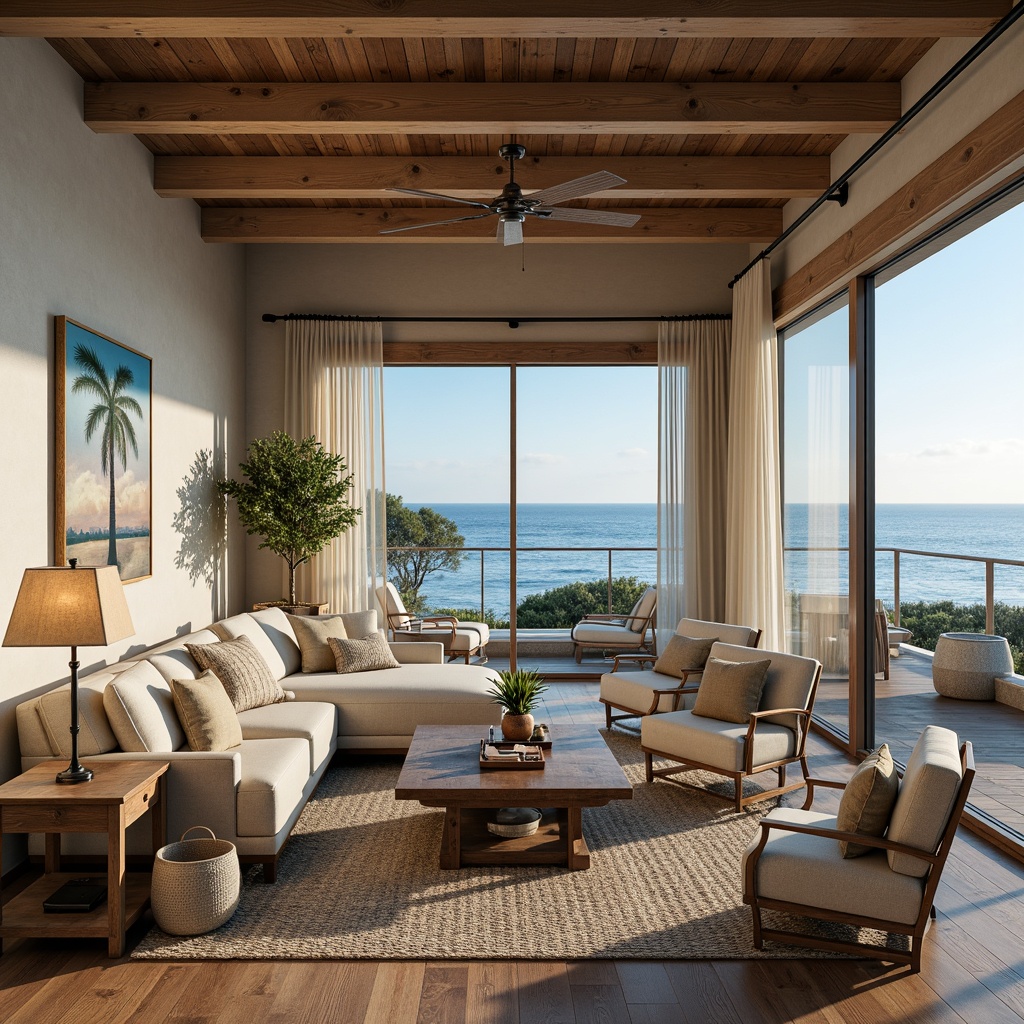 Prompt: Coastal living room, soft warm lighting, natural textures, woven fibers, driftwood accents, ocean-inspired color palette, calming blue hues, creamy whites, sandy neutrals, rustic wooden furniture, nautical decorative elements, vintage marine artifacts, floor-to-ceiling windows, sliding glass doors, beachy vibes, relaxed atmosphere, layered lighting, table lamps, pendant lights, LED strips, warm white ambiance, softbox illumination, 1/2 composition, shallow depth of field, realistic reflections.