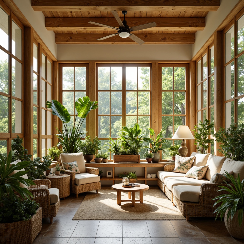 Prompt: Vibrant sunroom, warm natural light, lush greenery, comfortable seating areas, wooden accents, rattan furniture, woven textiles, earthy tones, soft pastel hues, calming atmosphere, cozy reading nooks, floor-to-ceiling windows, sliding glass doors, organic shapes, botanical prints, nature-inspired patterns, warm beige walls, creamy whites, rich wood tones, natural stone flooring, plush throw pillows, warm golden lighting, soft focus, shallow depth of field, 1/2 composition, intimate framing.