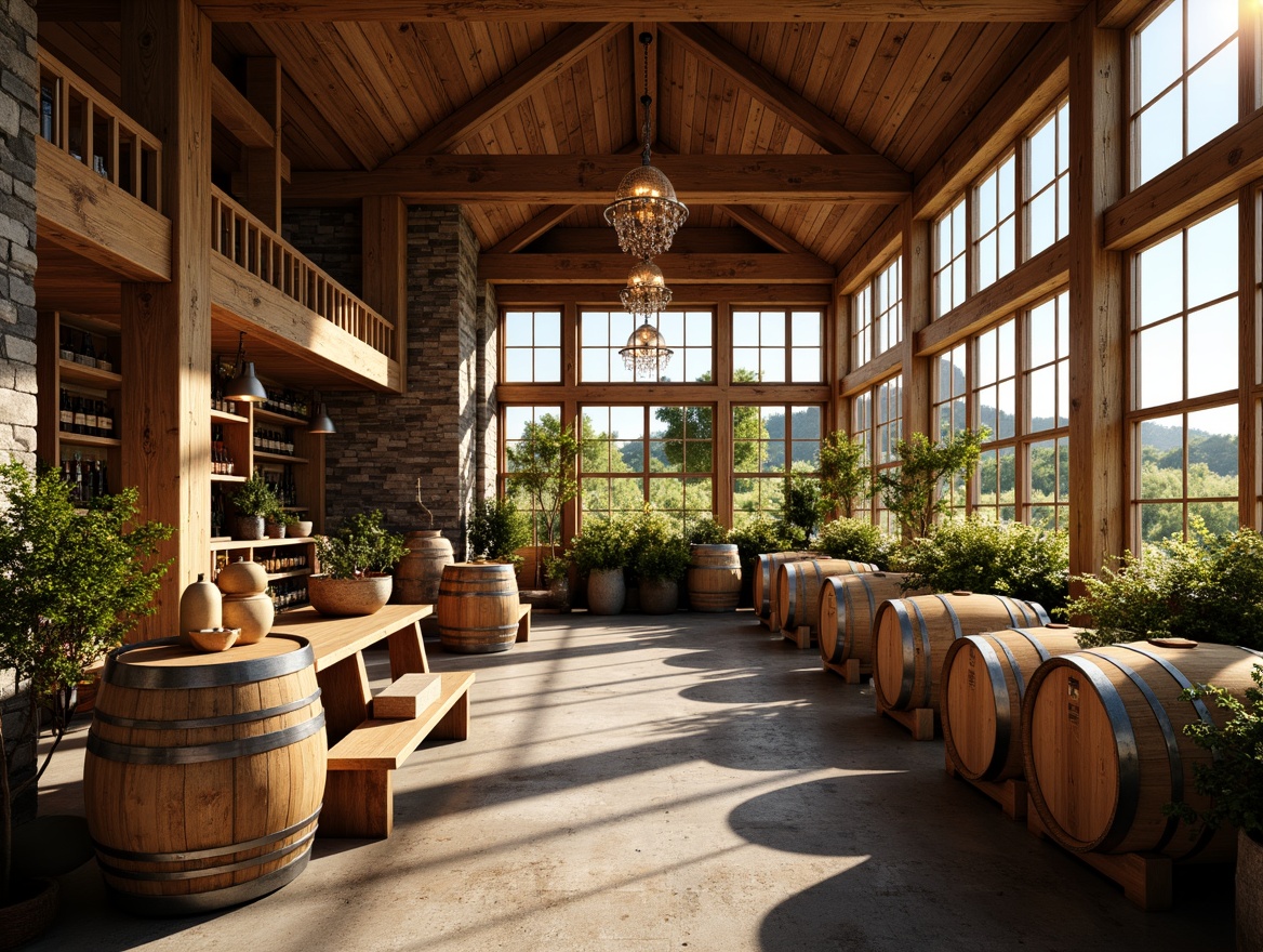 Prompt: Rustic winery interior, warm earthy tones, wooden barrels, vineyard views, natural stone walls, reclaimed wood accents, soft golden lighting, warm ambient glow, dimmable LED lights, pendant lanterns, metal chandeliers, candlelight, cozy nooks, vintage wine-making equipment, rustic wooden tables, earthy ceramics, lush greenery, large windows, skylights, sunny day, soft warm lighting, shallow depth of field, 3/4 composition, realistic textures, ambient occlusion.