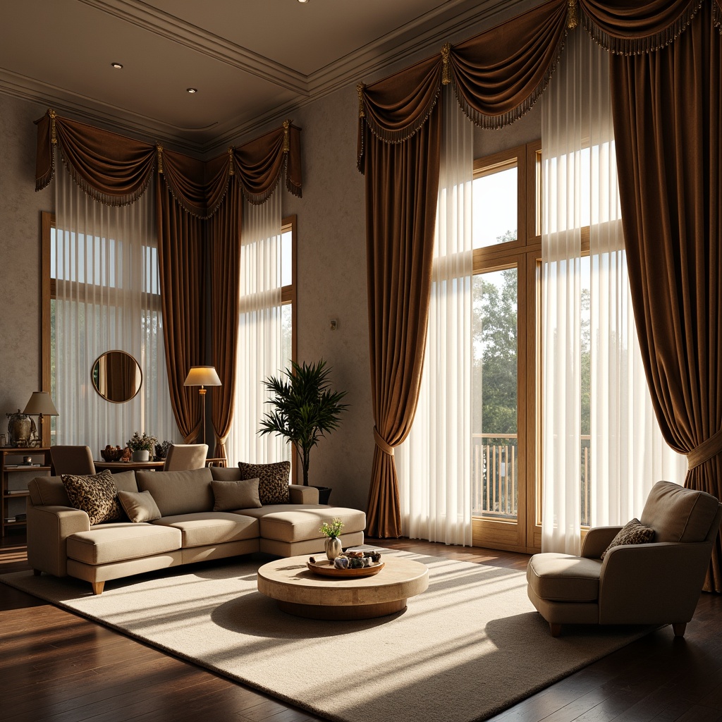 Prompt: Luxurious living room, floor-to-ceiling windows, soft flowing drapes, velvet curtains, gold accents, ornate pelmets, tassel trim, silk fabrics, natural light pouring in, warm ambient glow, 1/1 composition, shallow depth of field, realistic textures, ambient occlusion.