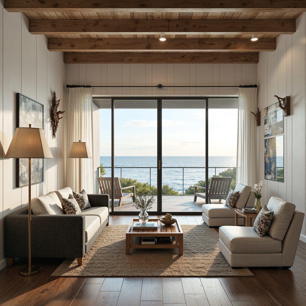 Prompt: Coastal living room, soft warm lighting, large windows, sliding glass doors, ocean views, natural textures, driftwood accents, white shiplap walls, nautical-themed decor, woven sea grass rugs, coral-inspired patterns, calming blue-green color palette, floor lamps with linen shades, table lamps with glass bases, pendant lights in polished chrome, recessed ceiling lights, ambient lighting, warm white LED bulbs, 1/1 composition, realistic reflections, shallow depth of field.