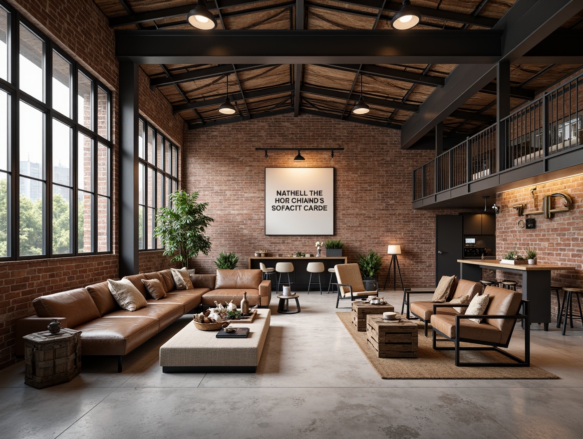 Prompt: Exposed brick walls, metal beam ceilings, reclaimed wood accents, industrial-style lighting fixtures, distressed leather sofas, steel-frame chairs, wooden crates, vintage factory tools, rustic metal decor, urban loft atmosphere, neutral color palette, high-ceiling windows, concrete floors, minimalist decor, functional shelving units, eclectic decorative items, modern-industrial fusion, bold typography, abstract artwork, natural textures, warm ambient lighting, shallow depth of field, 1/2 composition, realistic renderings.