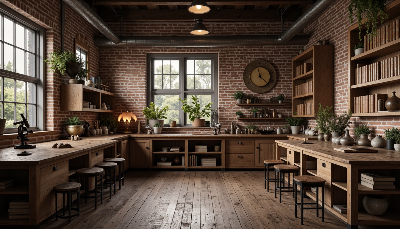 Prompt: Rustic laboratory, distressed wooden workbenches, metal-legged stools, vintage scientific equipment, antique microscopes, worn leather-bound books, exposed brick walls, industrial pendant lamps, reclaimed wood accents, earthy color palette, natural textures, soft warm lighting, shallow depth of field, 3/4 composition, realistic renderings, ambient occlusion.