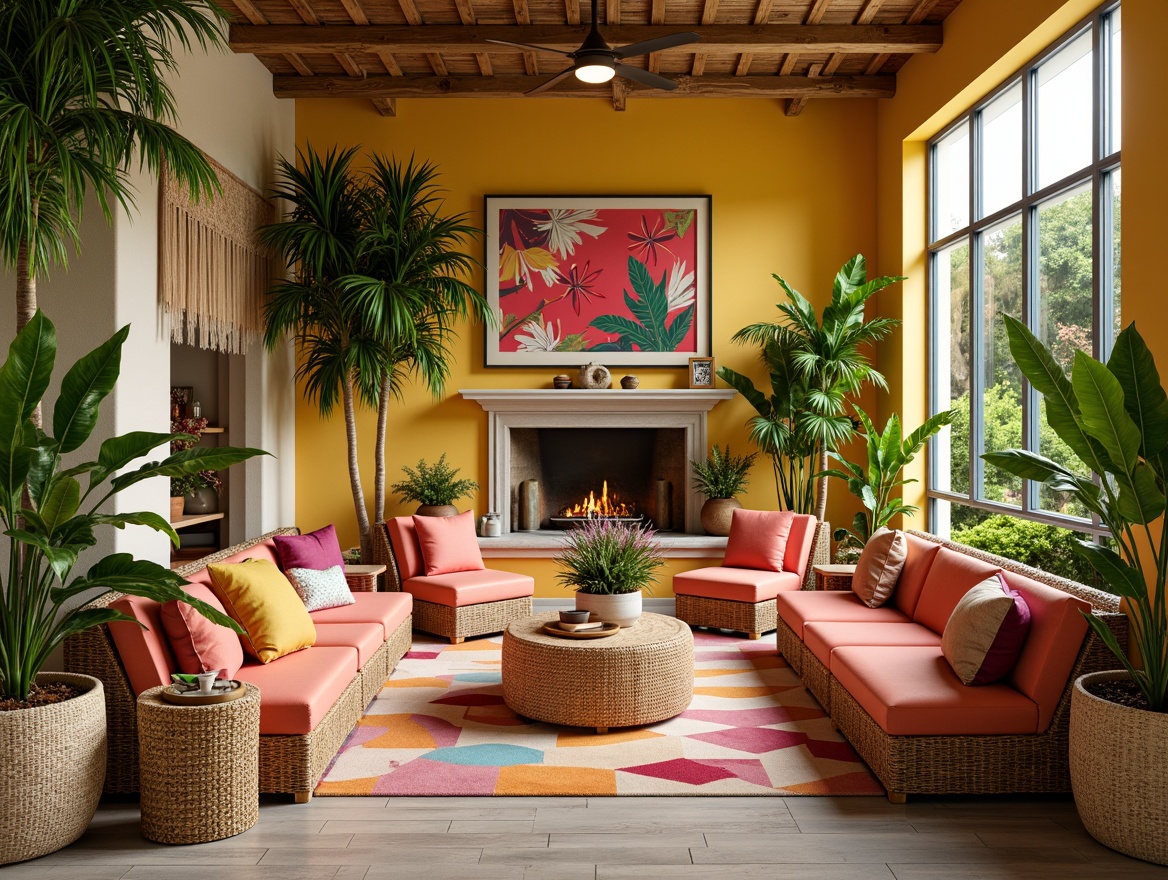 Prompt: Vibrant tropical paradise, lush green palms, exotic floral arrangements, wicker furniture, natural rattan textures, woven bamboo accents, colorful tassel details, bold geometric patterns, bright coral hues, sunny yellow tones, warm beige walls, reclaimed wood floors, plush velvet fabrics, statement lighting fixtures, pampas grass decor, macrame wall hangings, abstract artwork, coastal vibes, airy open spaces, 1/1 composition, softbox lighting, realistic shadows.