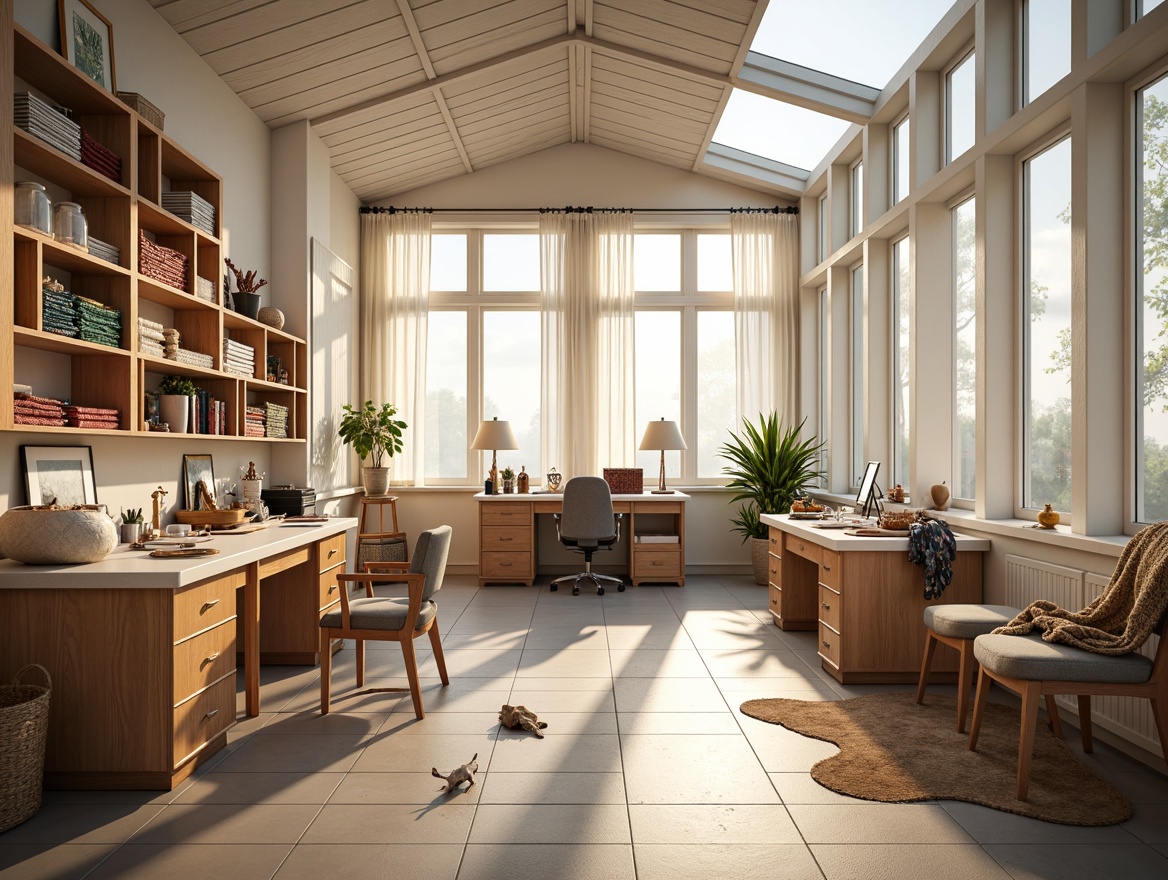 Prompt: Cozy craft room, abundant natural light, large skylights, floor-to-ceiling windows, sheer white curtains, minimalist shelving units, wooden workstations, creative storage bins, colorful fabric scraps, inspirational artwork, comfortable seating areas, soft warm glow, morning sunlight, airy atmosphere, 1/1 composition, shallow depth of field, realistic textures.