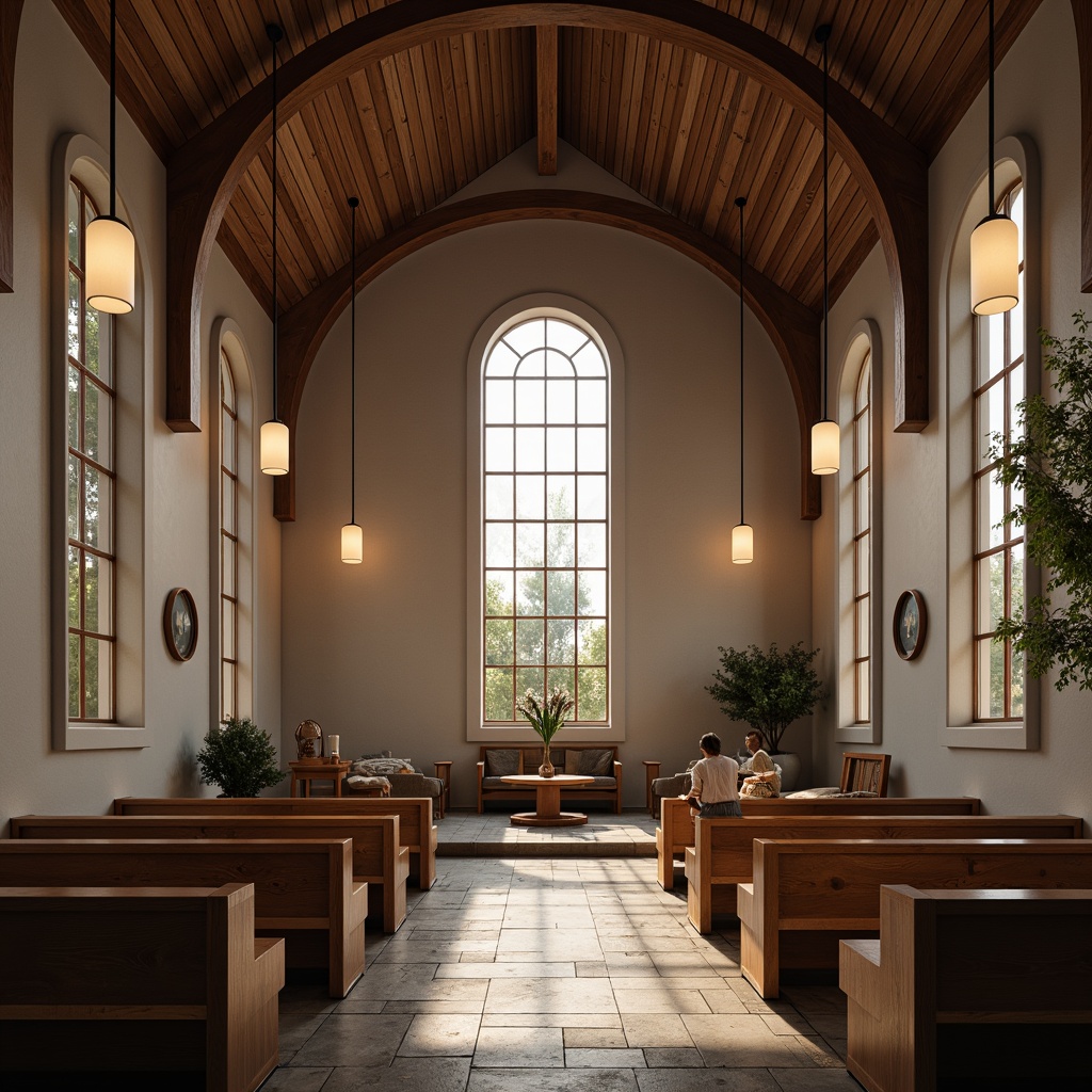 Prompt: Nordic church interior, minimalist decor, wooden pews, stone flooring, vaulted ceilings, stained glass windows, soft warm lighting, pendant lamps, LED candles, floor-to-ceiling pillars, subtle color palette, natural materials, ambient occlusion, shallow depth of field, 1/1 composition, realistic textures, gentle glow, serene atmosphere, peaceful ambiance, morning light, soft shadows.