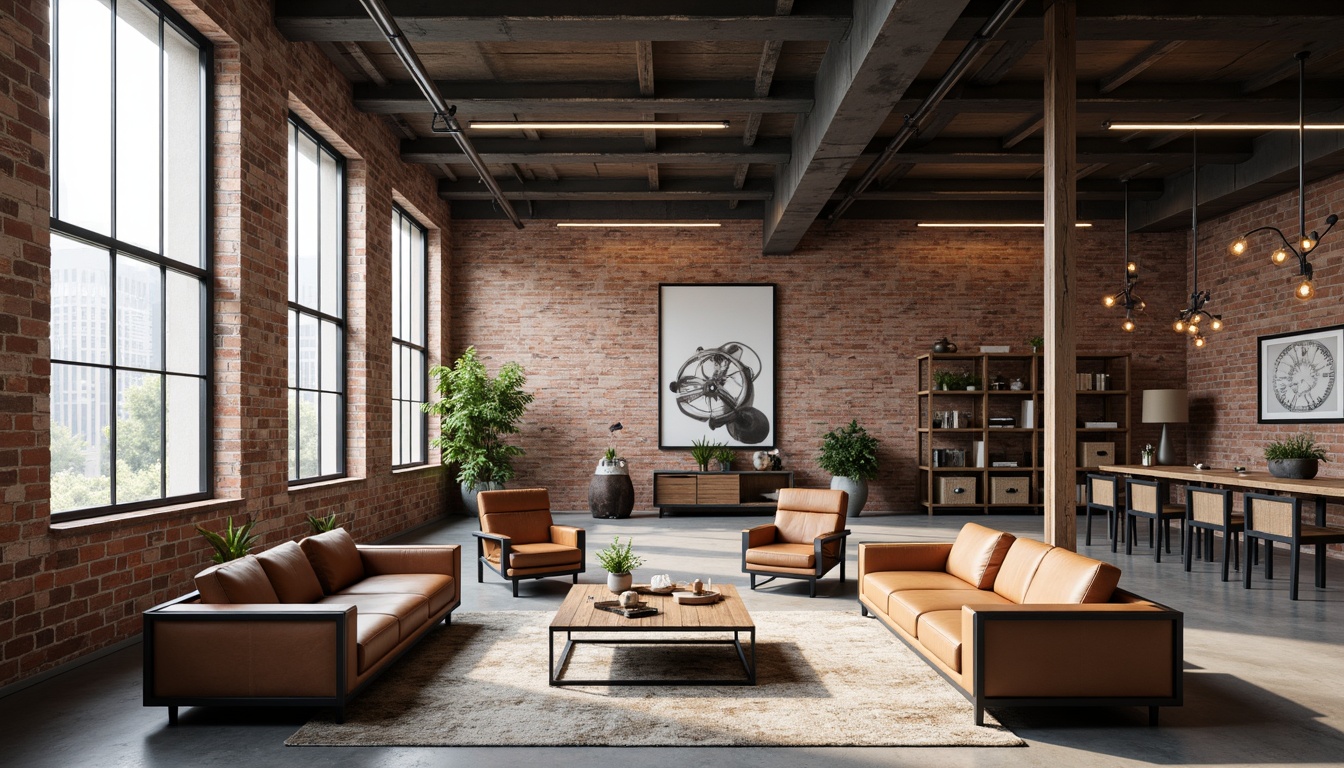 Prompt: Exposed brick walls, metal beams, reclaimed wood accents, industrial-style lighting fixtures, minimalist decor, urban loft atmosphere, distressed leather sofas, metal-framed coffee tables, Edison bulb pendant lights, vintage factory chairs, concrete floors, functional shelving units, modern art pieces, neutral color palette, industrial-chic textiles, rustic wooden crates, metallic decorative accessories, airy open spaces, natural light pouring in, shallow depth of field, 3/4 composition, realistic textures.