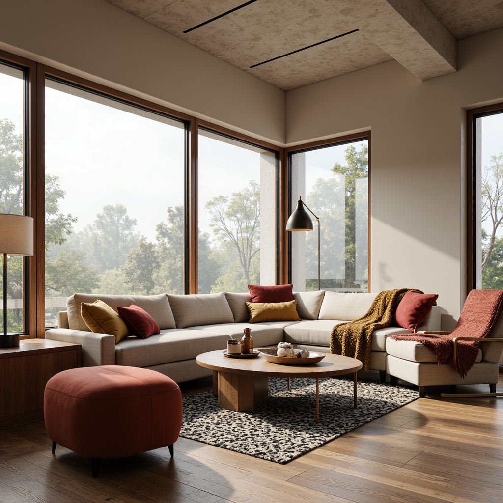 Prompt: Cozy living room, comfortable sofas, plush cushions, wooden coffee tables, minimalist decor, modern accent chairs, floor-to-ceiling windows, natural light, soft warm ambiance, 1/1 composition, realistic textures, ambient occlusion, sleek metal legs, luxurious fabrics, vibrant colorful throw pillows, geometric patterned rugs, functional storage ottomans, stylish side tables, elegant lamp fixtures.