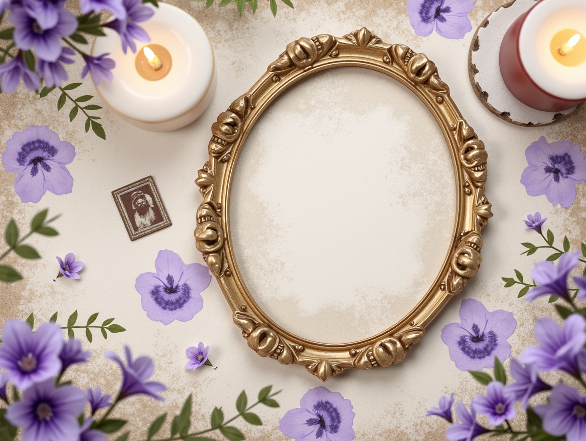 Prompt: Soft periwinkle hues, creamy whites, warm beige tones, gentle lavender accents, delicate floral patterns, whimsical illustrations, hand-painted textures, vintage paper backgrounds, distressed wooden frames, ornate golden details, romantic candlelight, shallow depth of field, 1/1 composition, intimate atmosphere, realistic brushstrokes, dreamy ambiance.