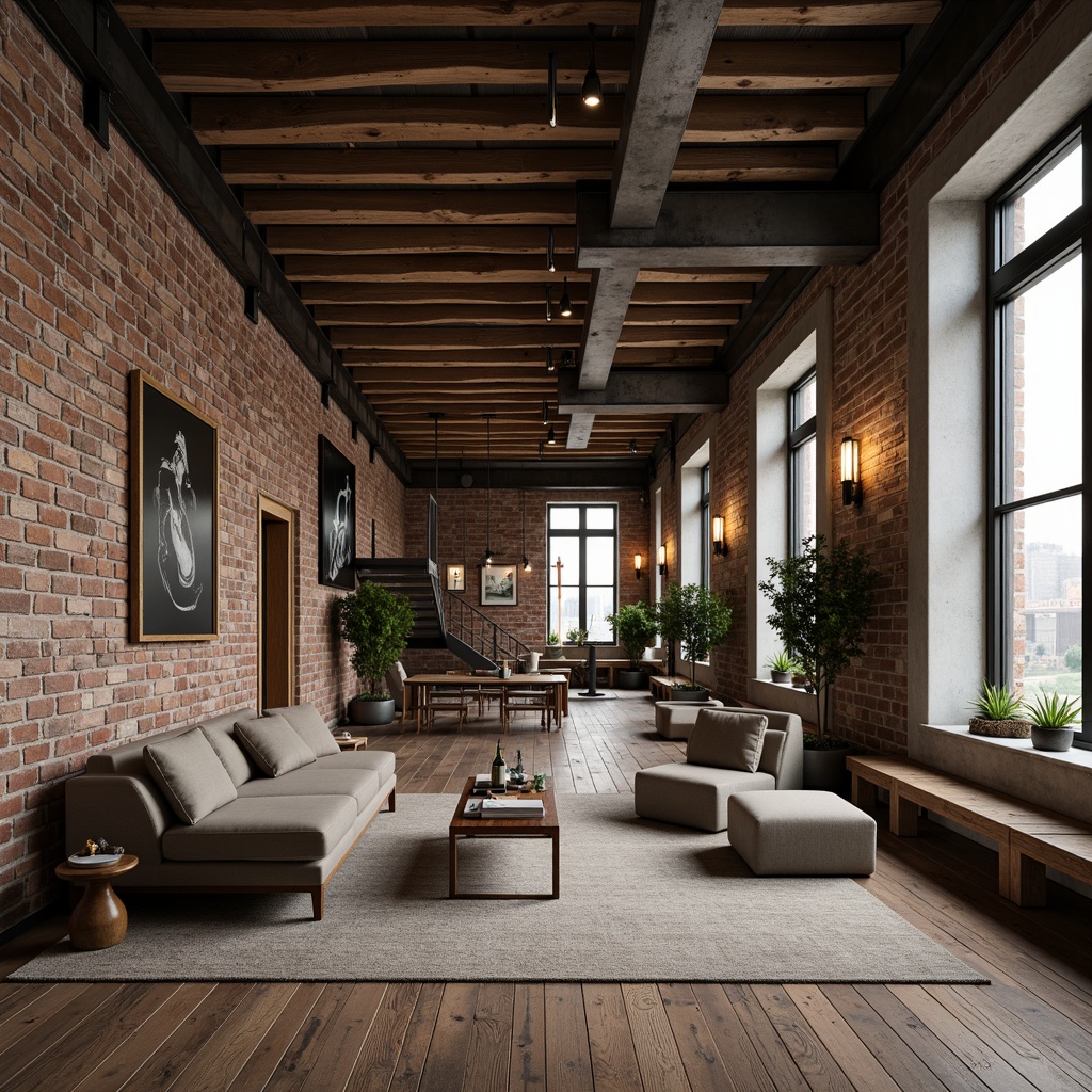 Prompt: Exposed brick walls, distressed wood accents, industrial metal beams, reclaimed wooden floors, urban loft atmosphere, postmodern eclectic decor, vintage factory lights, Edison bulb fixtures, abstract art pieces, brutalist concrete columns, raw steel staircases, minimalist furniture, monochromatic color schemes, natural textiles, ambient soft lighting, cinematic shallow focus, 1/2 composition, gritty realistic textures, subtle atmospheric fog.