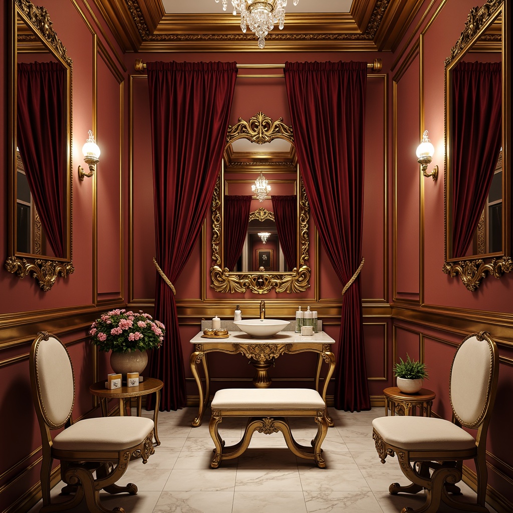 Prompt: Ornate powder room, luxurious velvet drapes, golden gilded frames, intricate carved moldings, ornamental mirrors, soft warm lighting, rich burgundy walls, lavish silk fabrics, Baroque-inspired patterns, delicate lace details, antique furniture pieces, crystal chandeliers, marble floors, subtle sheen finishes, 3/4 composition, shallow depth of field, realistic textures.