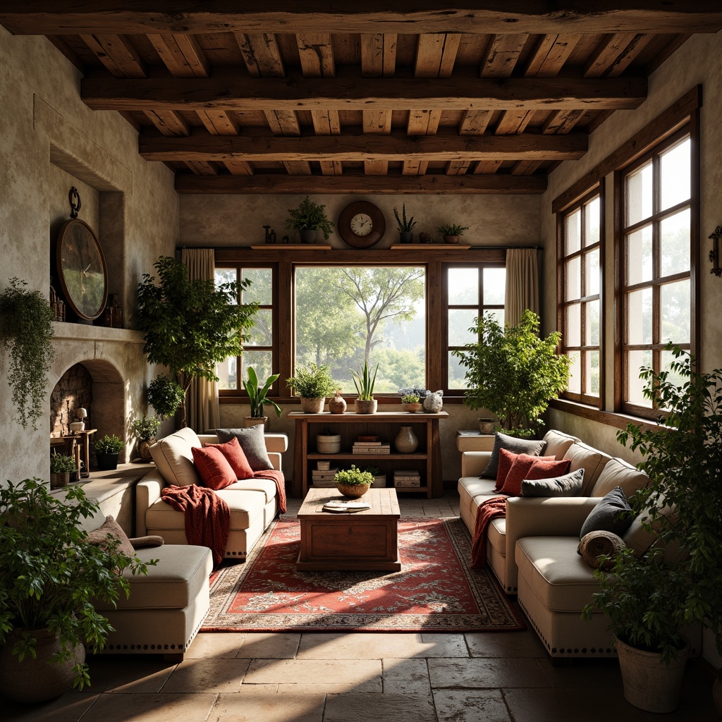 Prompt: Rustic French country cottage, distressed wooden beams, worn stone walls, vintage metal accents, earthy color palette, soft natural lighting, warm cozy atmosphere, plush velvet fabrics, ornate carvings, rich wood grain textures, traditional ceramic tiles, aged brick floors, lush greenery surroundings, misty morning light, shallow depth of field, 1/2 composition, realistic render, ambient occlusion.