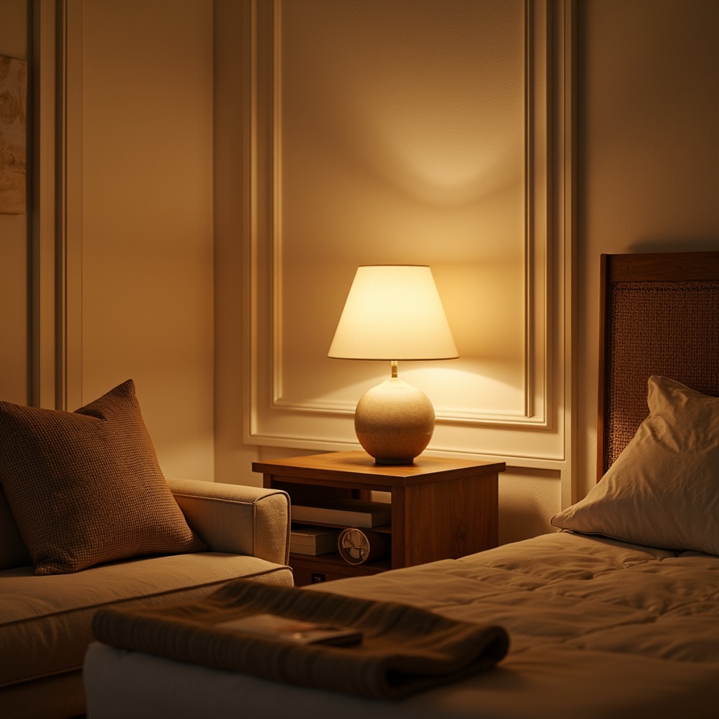 Prompt: Soft warm glow, calming ambiance, cozy atmosphere, table lamps, floor lamps, dimmable lighting, warm beige tones, cream-colored walls, natural textiles, woven fibers, soft furnishings, plush cushions, gentle shadows, subtle contrast, warm color temperatures, relaxing mood, peaceful environment, serene setting, calming illumination.