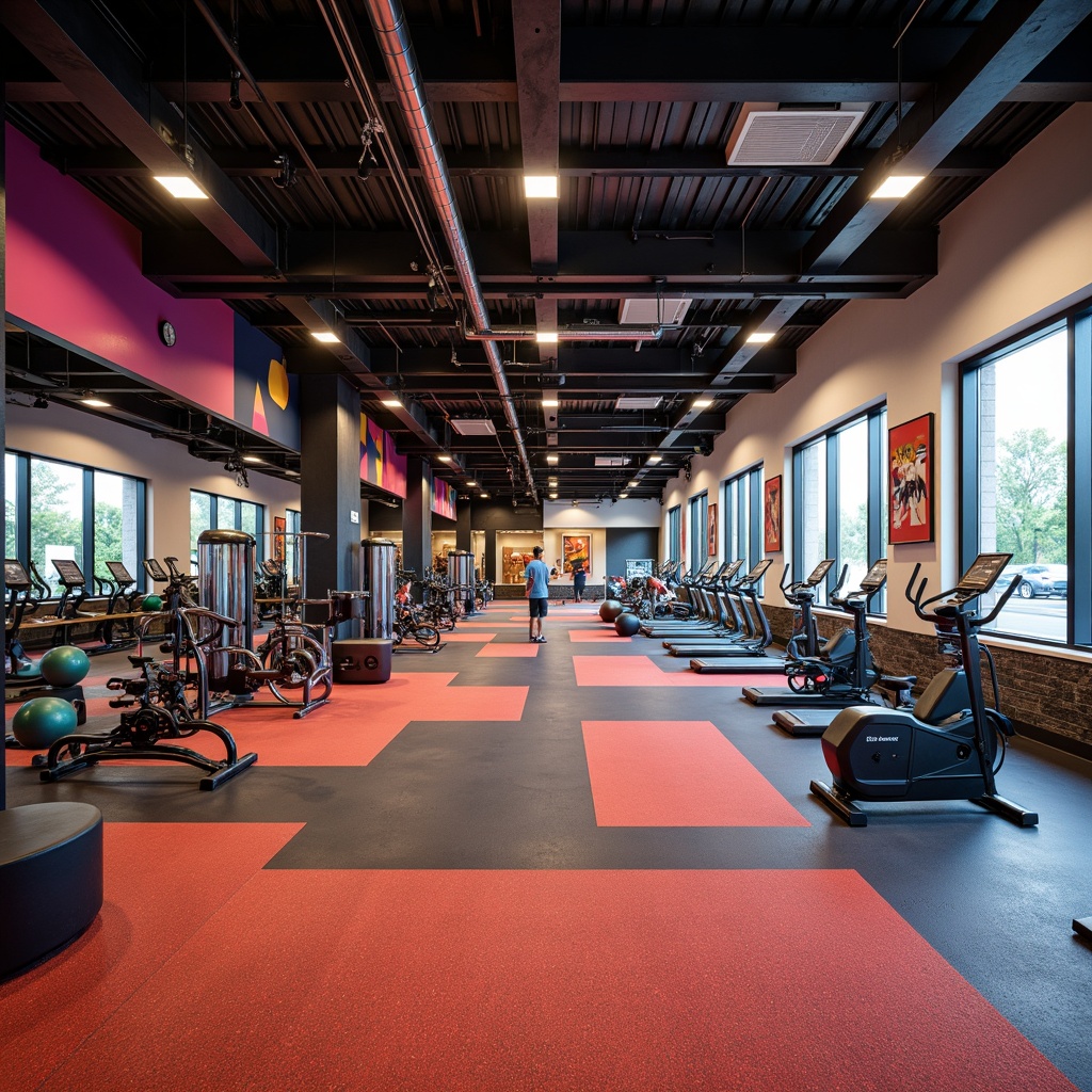 Prompt: Modern gym interior, rubber flooring, shock-absorbing surfaces, vibrant color schemes, heavy-duty exercise equipment, free weights, treadmills, stationary bikes, mirrored walls, high ceilings, industrial-style lighting, open spaces, athletic-inspired decor, dynamic patterns, textured finishes, non-slip coatings, durable materials, easy maintenance, sound-absorbing properties, 3/4 composition, wide-angle shot, realistic textures, ambient occlusion.