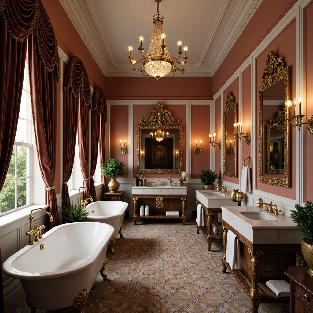 Prompt: Elegant bathroom, renaissance-inspired fixtures, ornate golden faucets, intricately carved marble countertops, luxurious freestanding tubs, crystal chandeliers, soft warm lighting, lavish textiles, velvet drapes, antique mirrors, richly patterned floors, decorative wall sconces, opulent cabinetry, gilded accents, classic proportions, symmetrical composition, shallow depth of field, 1/2 composition, realistic textures, ambient occlusion.