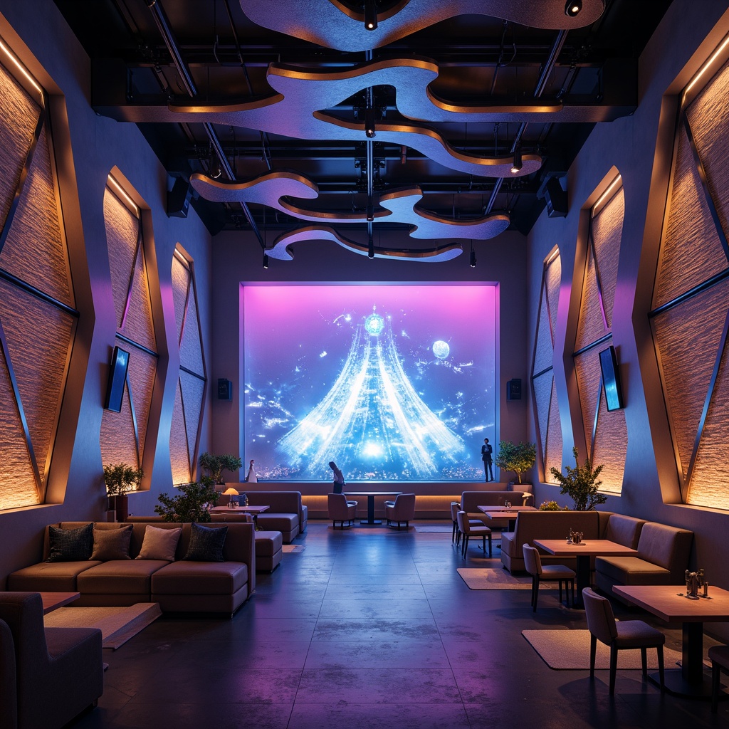 Prompt: Futuristic music venue, sleek metallic accents, neon-lit stage, holographic projections, avant-garde sound systems, curvaceous acoustic panels, iridescent fabric finishes, ambient LED lighting, dark polished floors, minimalist seating areas, retro-futuristic decor, cyberpunk-inspired accessories, dynamic 3D visual effects, immersive audio experience, shallow depth of field, 1/1 composition, panoramic view, realistic textures, ambient occlusion.