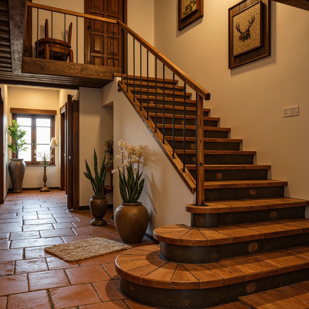 Prompt: Southwestern staircase, rustic wooden steps, earthy terracotta tiles, natural stone flooring, distressed metal railings, wooden banisters, worn leather handrails, warm beige walls, desert-inspired color palette, cactus-textured carpets, woven fiber rugs, ambient lighting, soft warm glow, 3/4 composition, shallow depth of field, realistic textures.