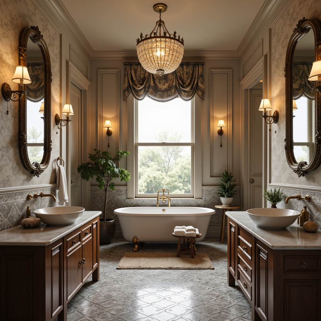 Prompt: Elegant bathroom, freestanding tub, ornate metal fixtures, classic faucets, porcelain sink, marble countertops, soft warm lighting, decorative mirrors, crystal chandeliers, intricately patterned floor tiles, wooden cabinetry, subtle gold accents, natural stone walls, luxurious textiles, plush towels, vintage-inspired accessories, symmetrical composition, shallow depth of field, 1/1 aspect ratio, realistic reflections.