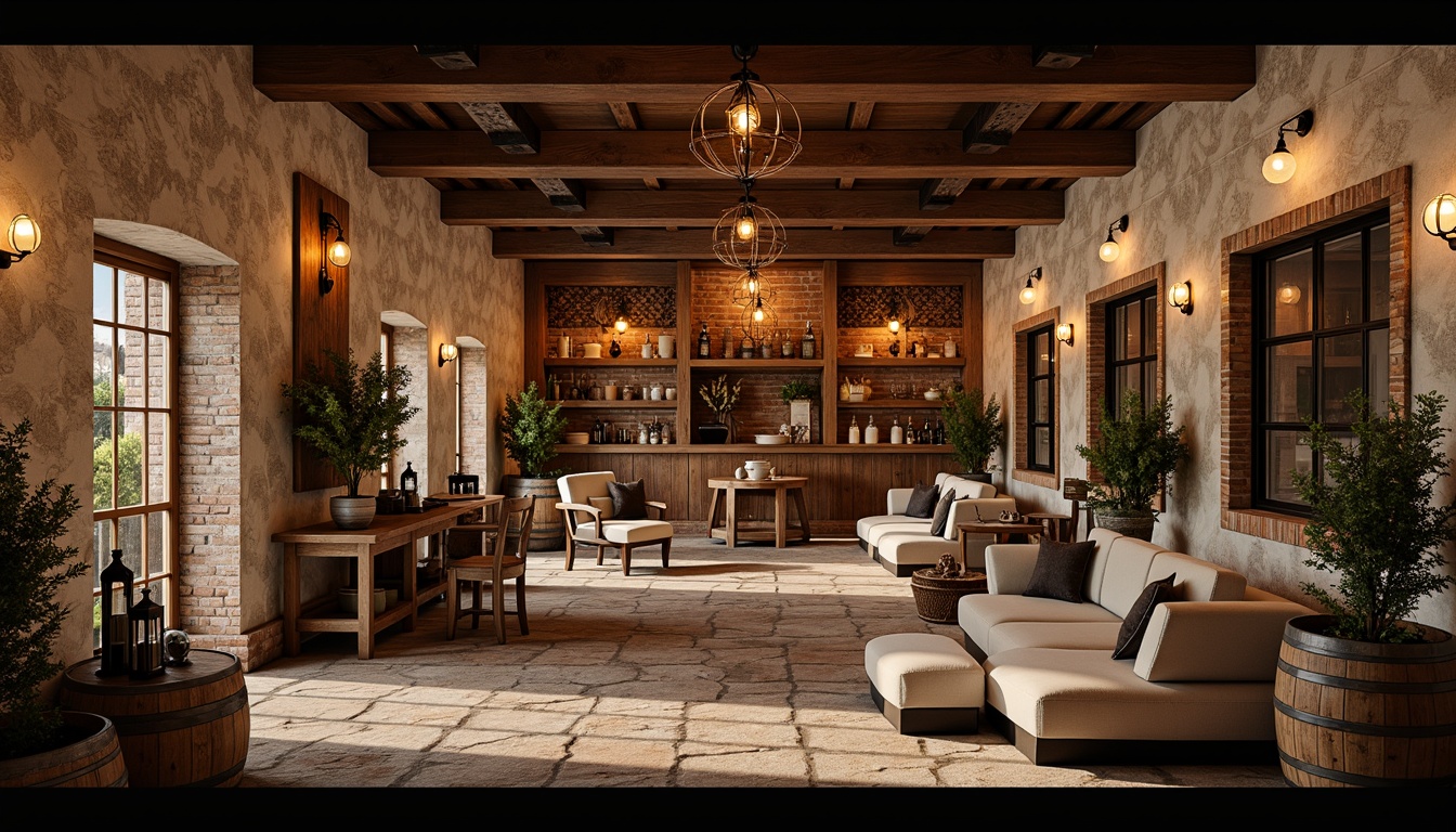 Prompt: Rustic winery interior, earthy tones, wooden accents, stone walls, vintage wine barrels, dim warm lighting, rich wood textures, metal lanterns, reclaimed wood shelves, industrial metal beams, brick archways, natural stone flooring, cozy nooks, plush furnishings, soft pastel colors, elegant chandeliers, sophisticated wallpaper, refined metallic accents, 1/2 composition, shallow depth of field, warm golden lighting.