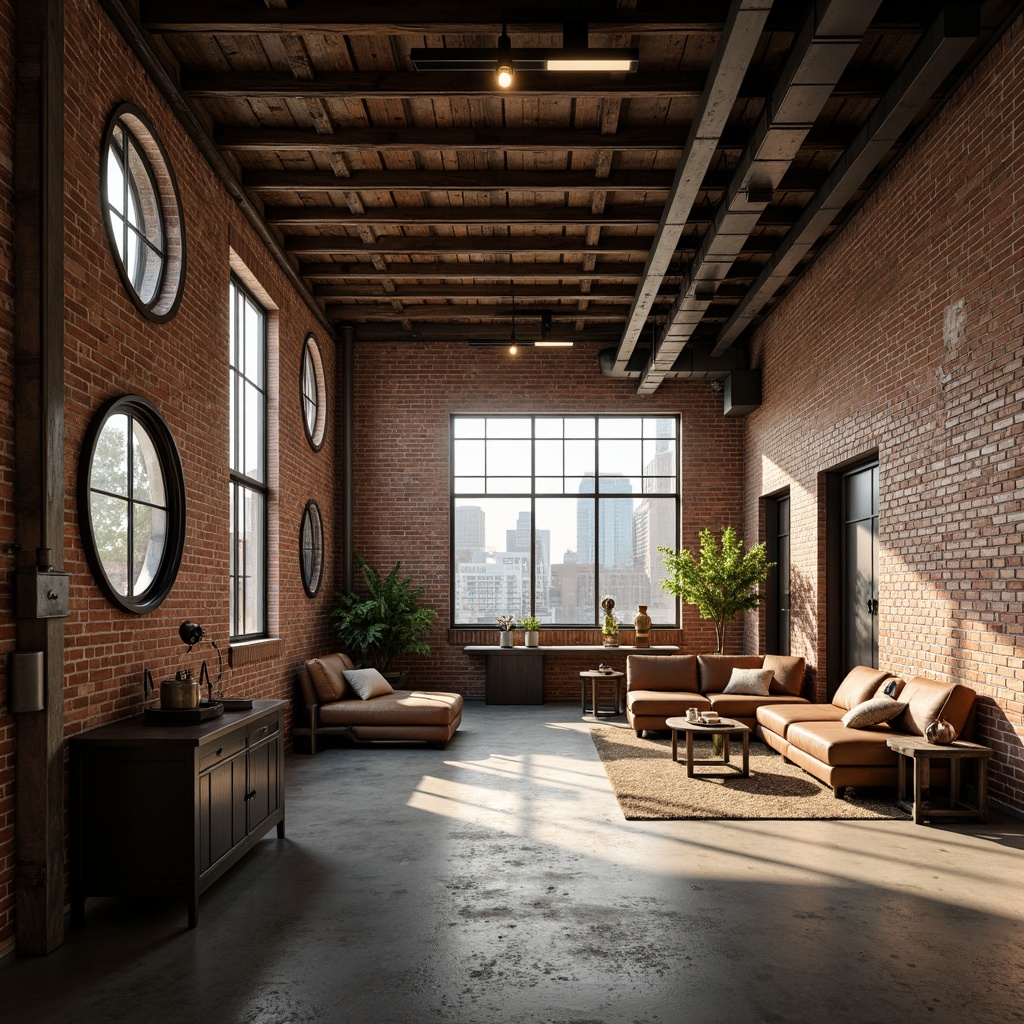 Prompt: Exposed brick walls, metal beams, reclaimed wood accents, urban loft atmosphere, industrial chic decor, sleek metal lighting fixtures, Edison bulbs, pendant lamps, distressed finishes, vintage machinery parts, concrete floors, minimal ornamentation, functional aesthetics, warm golden lighting, soft shadows, high ceilings, open spaces, cityscape views, gritty urban feel, atmospheric misting, dramatic spotlighting, 1-point perspective composition, realistic material textures.