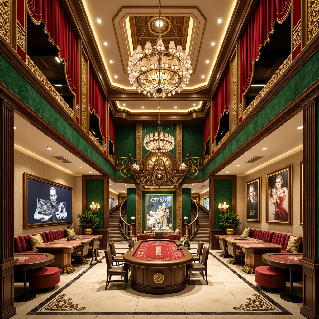 Prompt: Luxurious casino interior, rich gold accents, ornate metalwork, velvety red drapes, emerald green walls, intricate mosaics, warm beige marble floors, lavish chandeliers, soft cream-colored ceilings, bold black outlines, elegant curved lines, whimsical floral patterns, opulent jewel-toned furnishings, dramatic high ceilings, grand staircases, ornate mirrors, subtle bronze details, mysterious dark wood tones, vintage-inspired posters, glamorous art nouveau typography.