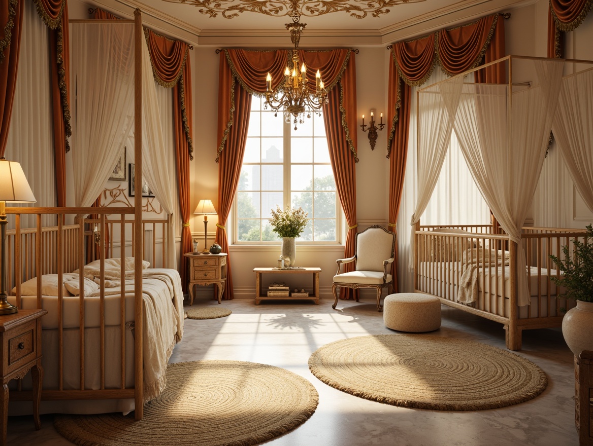 Prompt: Luxurious nursery, ornate furniture, velvet drapes, golden accents, soft plush carpets, creamy marble floors, delicate lace curtains, intricately carved wooden cribs, satin bedding, rich brocade fabrics, comfortable ottomans, warm candlelight, gentle morning sunbeams, peaceful atmosphere, 1/2 composition, shallow depth of field, realistic textures, ambient occlusion.