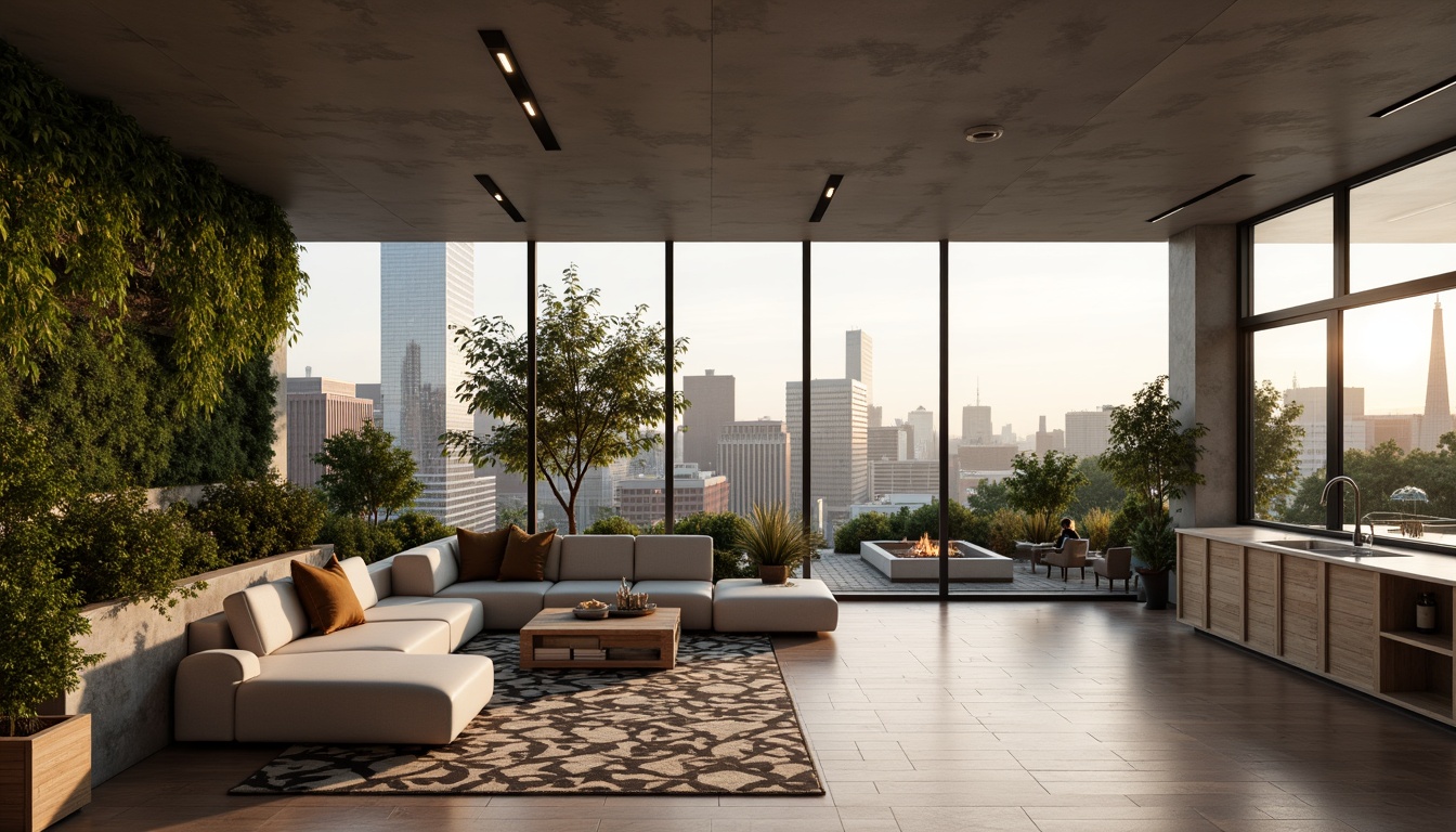 Prompt: Minimalist open-plan living area, sleek wooden floors, floor-to-ceiling windows, natural light pouring in, modern furniture, low-profile sofas, geometric-patterned rugs, industrial-chic lighting fixtures, green walls, lush vertical gardens, urban skyline views, rooftop terraces, outdoor kitchens, built-in BBQs, fire pits, comfortable seating areas, vibrant cityscapes, warm golden hour lighting, shallow depth of field, 1/1 composition, realistic textures, ambient occlusion.