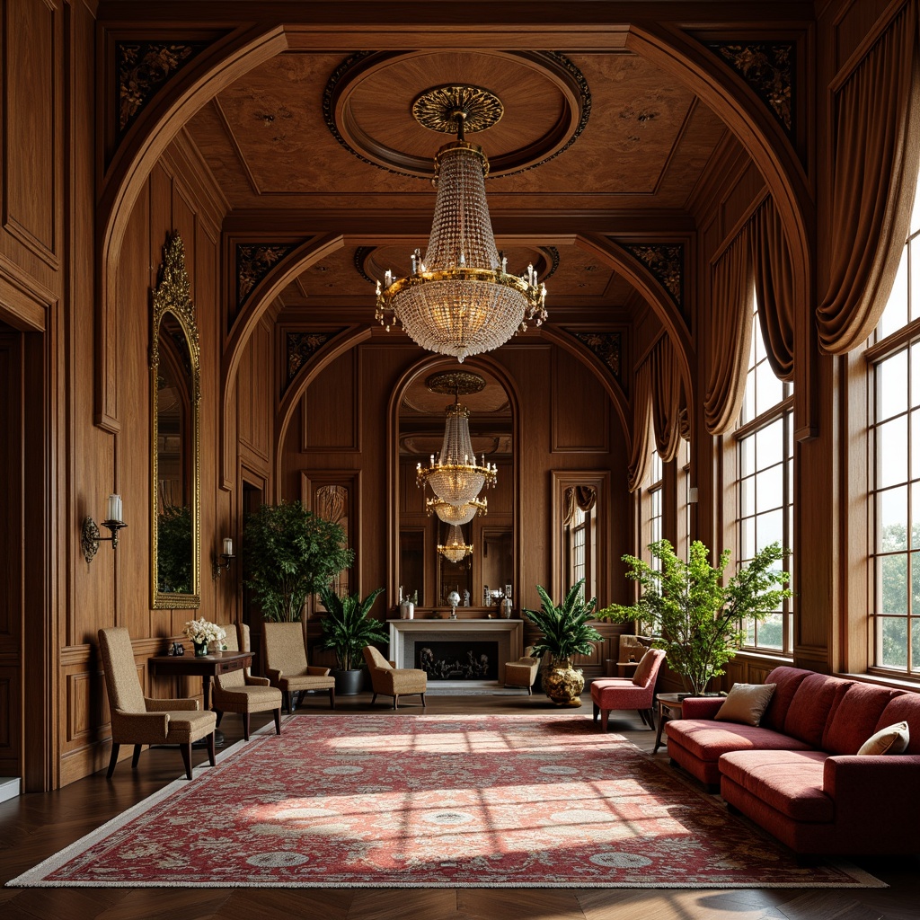 Prompt: Intricate wooden wainscoting, ornate mirrors, lavish drapery, flowing silk fabrics, beaded chandeliers, polished bronze fixtures, rich velvet upholstery, curved lines, organic forms, botanical patterns, nature-inspired motifs, soft warm lighting, dramatic shadows, 3/4 composition, intimate atmosphere, luxurious textures, opulent colors, sophisticated ambiance.