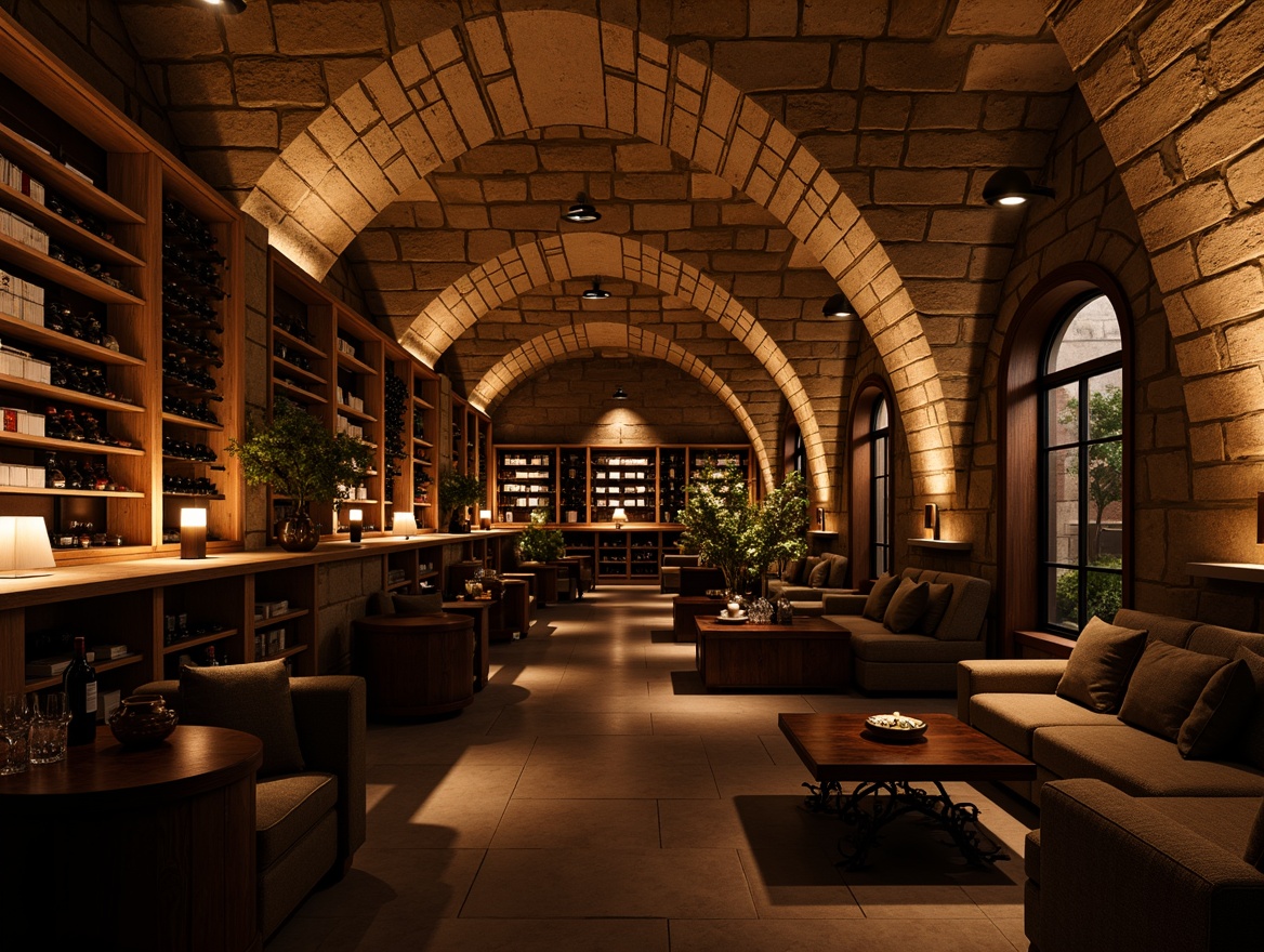 Prompt: Dimly lit wine cellar, rustic stone walls, wooden barrel racks, ambient warm glow, soft candlelight, subtle floor lighting, rich wood tones, earthy aroma, intimate atmosphere, cozy nooks, elegant chandeliers, dramatic ceiling heights, ornate metalwork, lavish furnishings, sophisticated color palette, warm beige tones, dark wood accents, velvety darkness, romantic ambiance, 1/2 composition, moody shadows, realistic textures, depth of field.