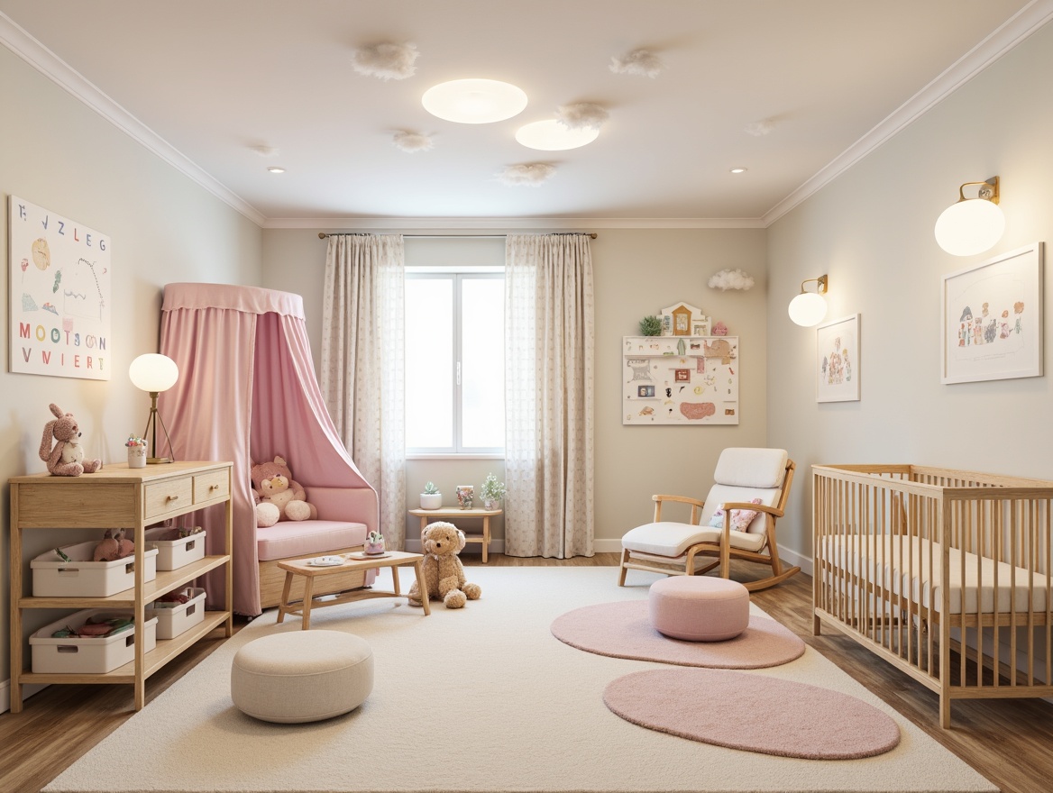 Prompt: Whimsical baby nursery, soft pastel colors, gentle wood tones, plush toys, cribs with canopies, changing tables, rocking chairs, ottomans, storage bins, alphabet decals, polka dot curtains, circular rugs, cozy reading nooks, warm floor lamps, creamy whites, natural fabrics, ergonomic design, safety features, adjustable heights, rounded edges, colorful mobiles, musical instruments, educational toys, dreamy cloud ceilings, soft focus lighting, 1/1 composition, realistic textures, ambient occlusion.