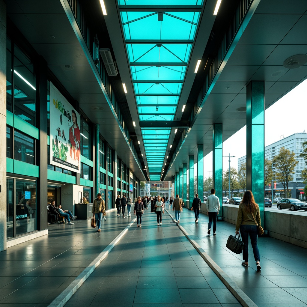 Prompt: Vibrant teal accents, modern bus station architecture, sleek metal beams, polished concrete floors, futuristic LED lighting, dynamic angular lines, urban cityscape, bustling commuters, morning rush hour, soft natural light, 1/1 composition, shallow depth of field, realistic textures, ambient occlusion.