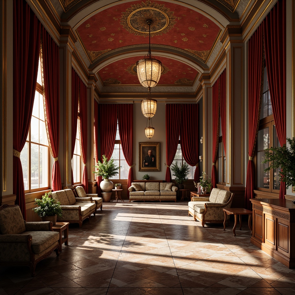 Prompt: Luxurious velvet drapes, intricately patterned damask fabrics, ornate carved wooden furniture, gilded accents, richly toned marble floors, stately columns, grand chandeliers, soft warm lighting, shallow depth of field, 1/1 composition, symmetrical view, realistic textures, ambient occlusion.