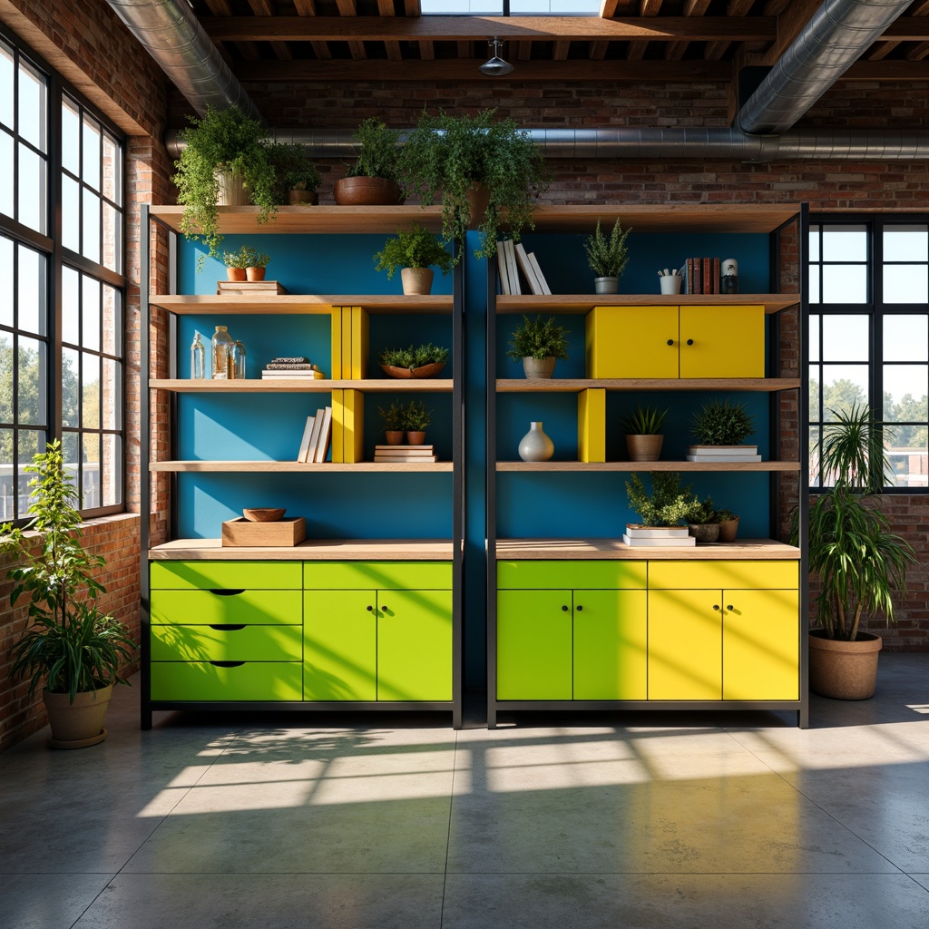 Prompt: Vibrant storage unit, bold color accents, sleek metal frames, modern minimalist design, bright yellow drawers, deep blue shelves, lime green cabinets, rich wood textures, industrial chic aesthetic, urban loft atmosphere, natural light pouring in, shallow depth of field, 3/4 composition, realistic reflections, ambient occlusion.