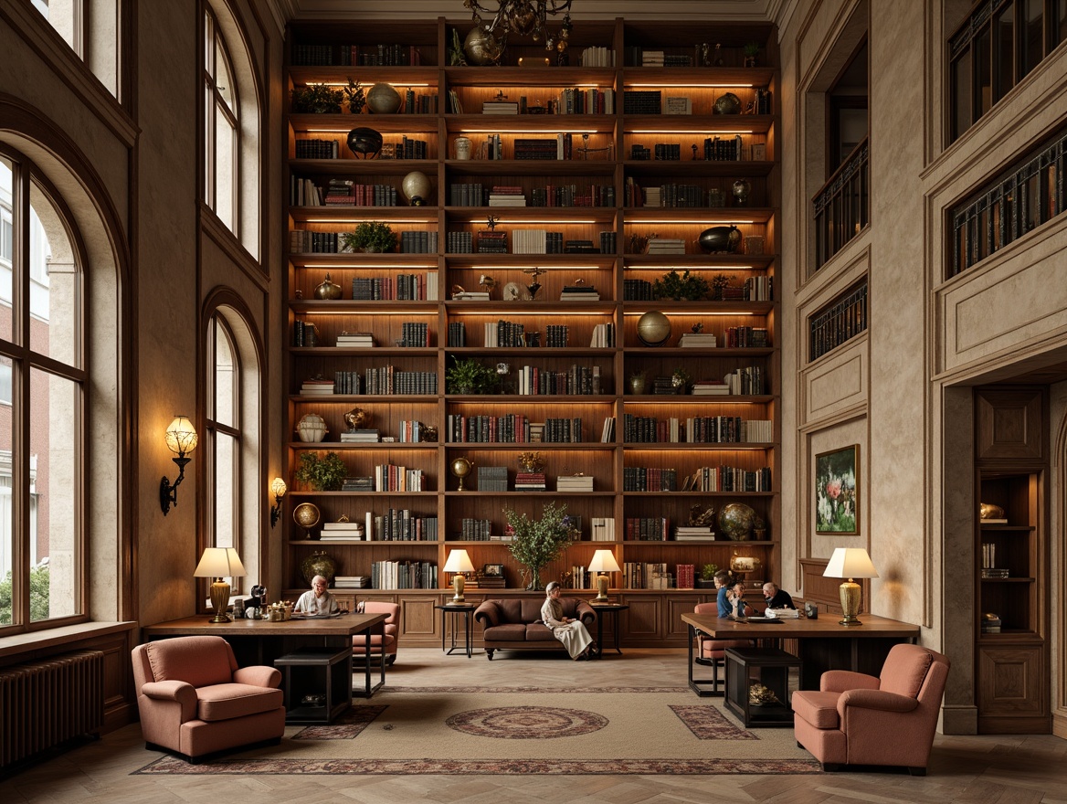 Prompt: Elegant academic library, wooden bookshelves, ornate metal brackets, rich leather-bound tomes, vintage globes, classic desk lamps, comfortable reading nooks, plush armchairs, sophisticated architectural details, high ceilings, large windows, natural stone walls, warm beige colors, soft diffused lighting, shallow depth of field, 1/1 composition, symmetrical framing, realistic textures, ambient occlusion.