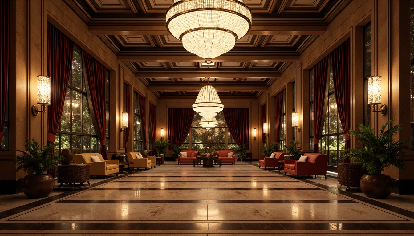 Prompt: Luxurious Art Deco interior, ornate geometric patterns, metallic accents, glamorous chandeliers, velvet drapes, polished marble floors, inlaid wooden panels, opulent furnishings, curved lines, sunburst motifs, chevron designs, chrome fixtures, crystal embellishments, lavish textiles, rich jewel tones, dramatic lighting, cinematic shadows, low-angle shot, 1/2 composition, high-contrast ratio, detailed textures, ambient illumination.