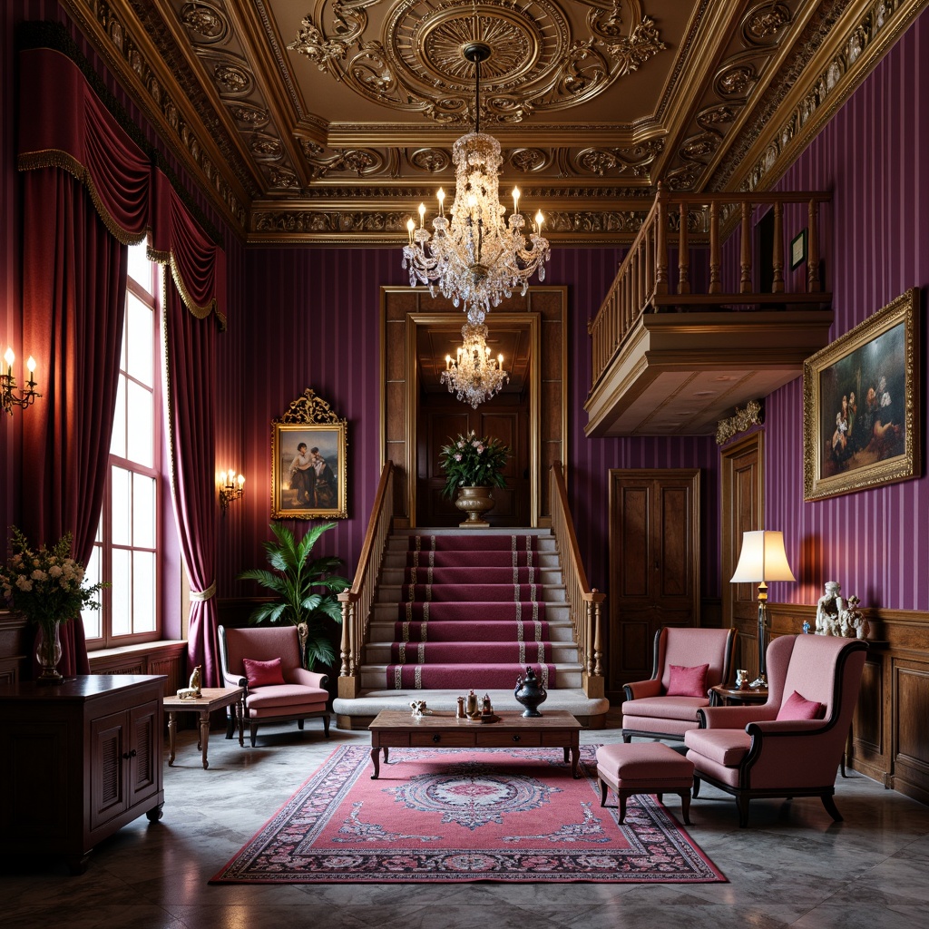 Prompt: Regal amethyst walls, ornate gold accents, luxurious velvet drapes, intricately carved wooden furniture, richly patterned rugs, majestic crystal chandeliers, opulent marble floors, warm candlelight, soft focused lighting, 1/1 composition, intimate atmosphere, vintage accessories, antique artifacts, lavish upholstery, traditional European architecture, grandiose ceiling designs, elegant staircases, refined interior design.