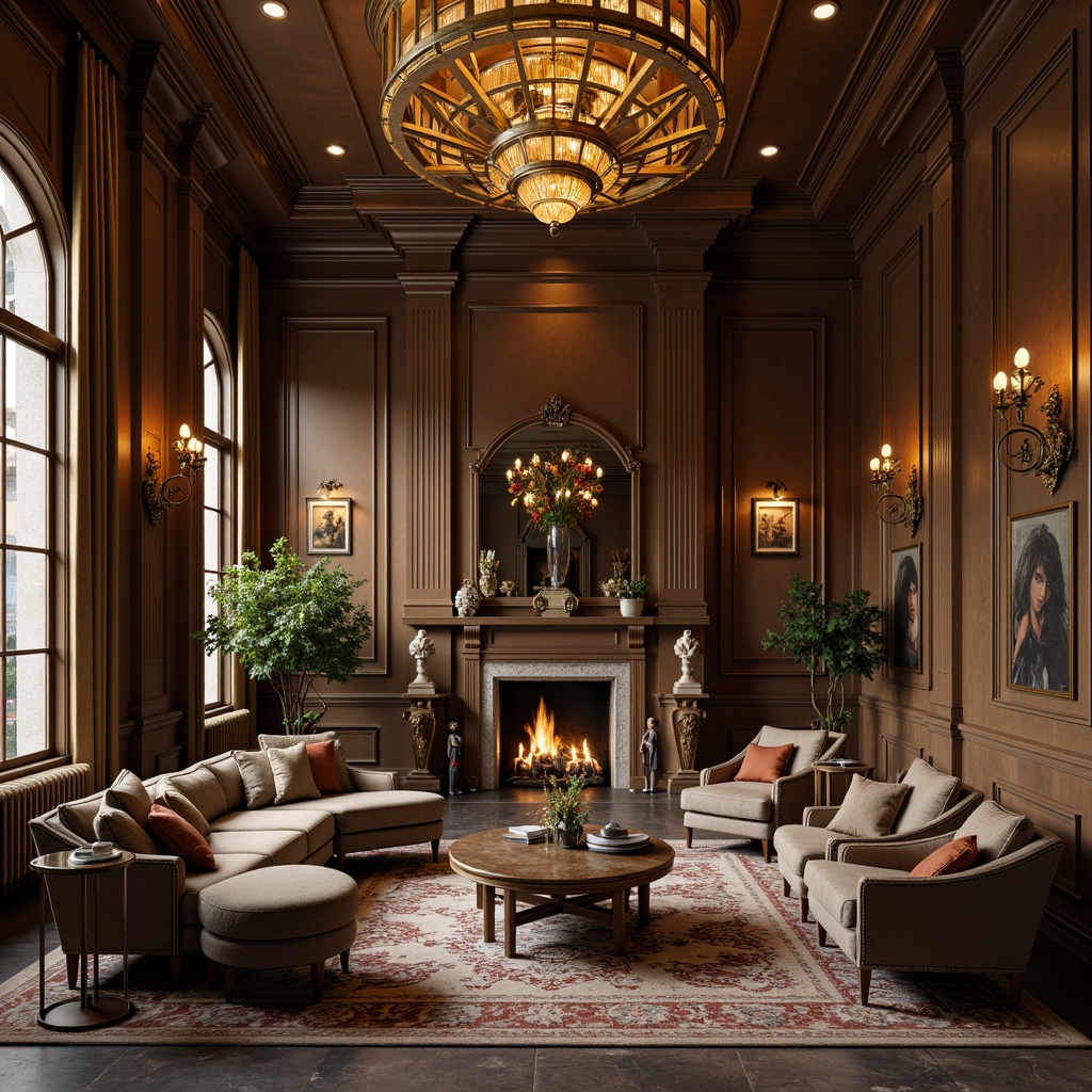 Prompt: Luxurious living room, bronze accents, polished wooden furniture, velvet upholstery, ornate carvings, golden lighting fixtures, marble flooring, high ceilings, elegant drapery, sophisticated color palette, subtle bronze patina, refined textures, shallow depth of field, 1/2 composition, warm ambient lighting.