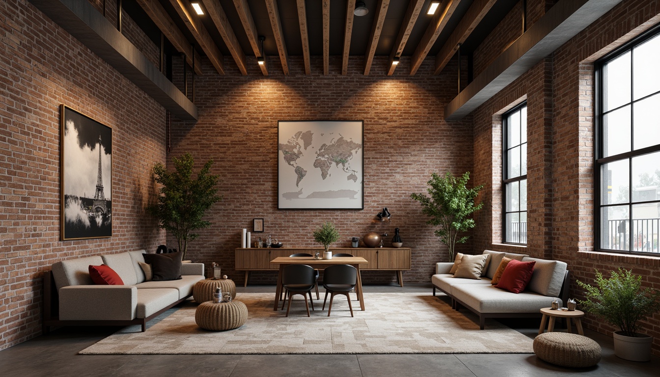 Prompt: Industrial-chic loft, exposed textured walls, distressed brick finishes, urban aesthetic, reclaimed wood accents, metal beams, minimalist decor, functional lighting, cozy atmosphere, softbox lighting, 3/4 composition, realistic textures, ambient occlusion.