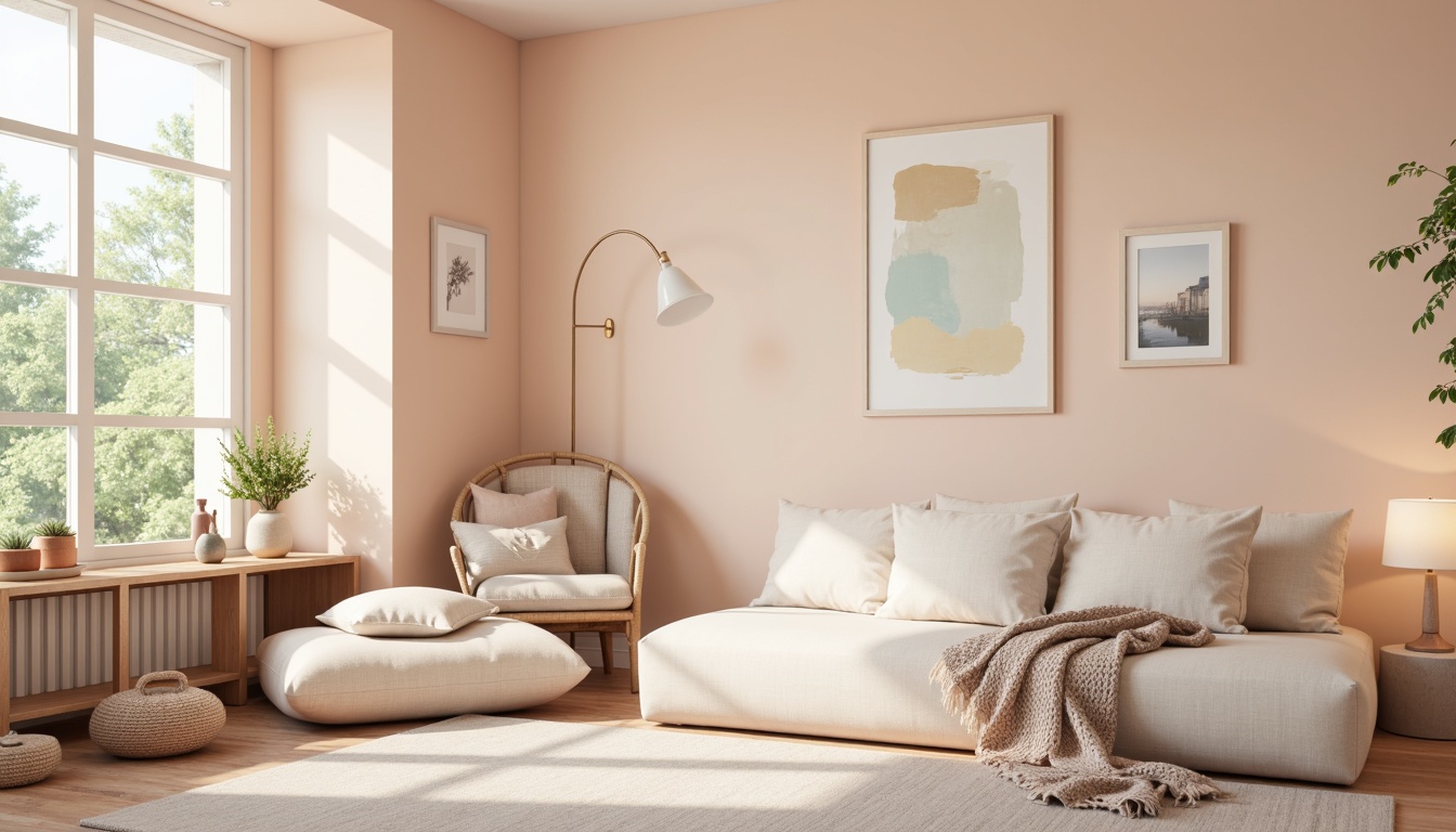 Prompt: Soft peach hues, calming beige tones, soothing mint greens, warm creamy whites, gentle lavender shades, subtle wooden textures, natural stone patterns, minimalist decor, Scandinavian-inspired furniture, cozy throw blankets, soft warm lighting, shallow depth of field, 1/1 composition, intimate close-up shots, realistic fabric simulations, ambient occlusion.