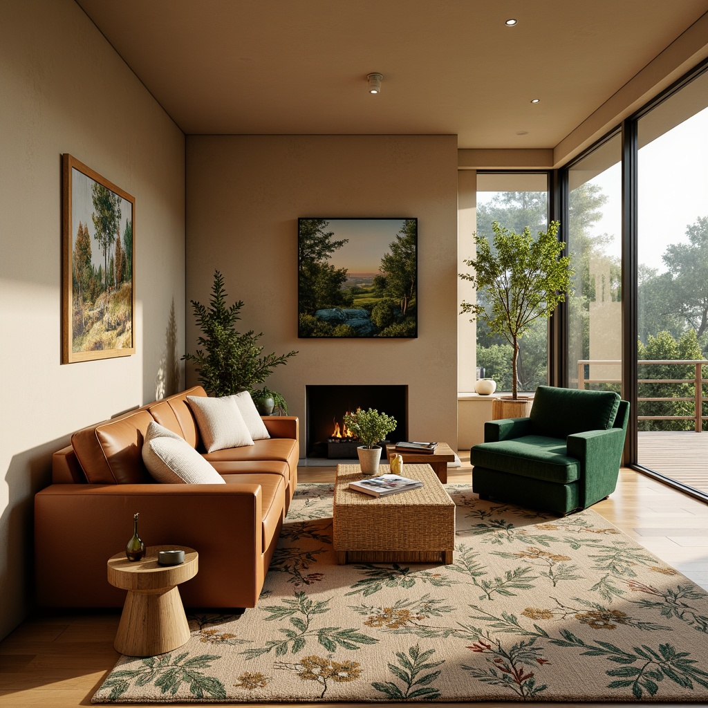 Prompt: Earthy living room, warm beige walls, natural wood flooring, comfy brown leather sofas, plush green velvet armchairs, woven wicker coffee tables, botanical patterned rugs, nature-inspired artwork, floor-to-ceiling windows, abundant natural light, soft warm glow, 1/1 composition, intimate cozy atmosphere, organic textures, earthy color palette.