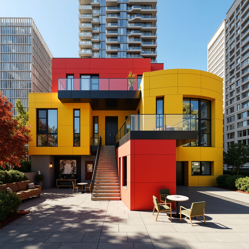 Prompt: Vibrant Bauhaus-inspired architecture, geometric shapes, bold primary colors, stark black outlines, industrial materials, exposed ductwork, concrete floors, steel beams, minimalist decor, functional furniture, abstract artwork, rectangular windows, flat roofs, urban cityscape, sunny day, high contrast lighting, sharp shadows, 1/1 composition, graphic textures, atmospheric perspective.Please let me know if this meets your expectations or if you need further adjustments!