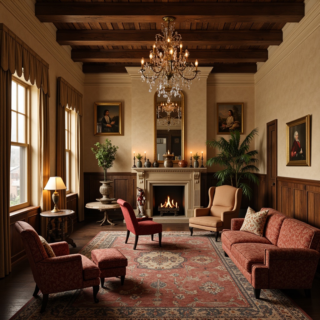 Prompt: Classic traditional interior, warm beige walls, ornate wooden furniture, rich velvet fabrics, elegant crystal chandeliers, bronze metal accents, subtle candlelight, soft warm glow, inviting ambiance, rustic wood beams, vintage decorative elements, distressed finishes, earthy color palette, natural textures, cozy reading nooks, comfortable plush armchairs, classic oil paintings, traditional architectural details, warm golden lighting, 1/1 composition, shallow depth of field, realistic rendering.