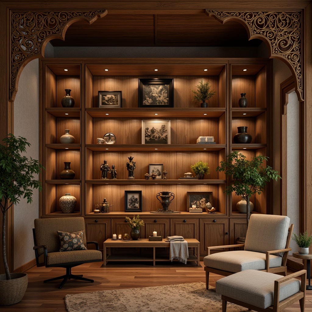 Prompt: Traditional Asian-style shelves, intricately carved wooden frames, ornate metalwork accents, warm-toned wood grains, subtle lighting, serene ambiance, minimalist decor, cultural artifacts display, delicate ceramics, hand-painted vases, bamboo or rattan materials, natural textures, earthy color palette, harmonious balance, Feng Shui-inspired layout, soft focus, shallow depth of field, 1/2 composition, warm softbox lighting, realistic wood grain textures.