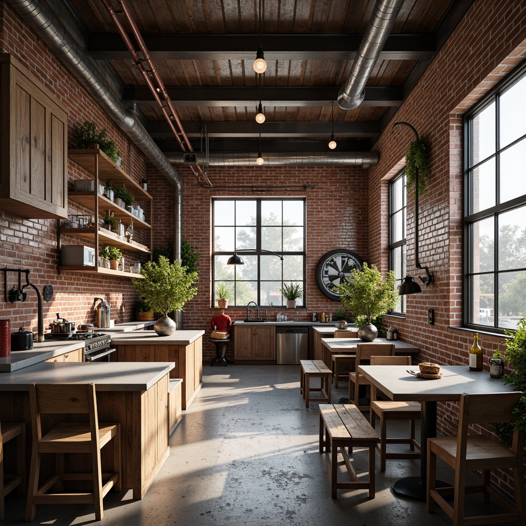 Prompt: Industrial chic interior, exposed brick walls, metal accents, steel beams, reclaimed wood floors, Edison bulb lighting, urban loft atmosphere, distressed finishes, metallic color palette, copper pipes, industrial machinery decor, vintage manufacturing equipment, concrete countertops, minimalist furniture, modern functional layout, natural light pouring in, high ceilings, airy open space, 1/1 composition, warm softbox lighting, subtle ambient occlusion.