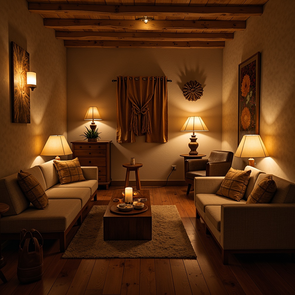 Prompt: Warm candlelight, soft diffused lighting, cozy lamp shades, wooden flooring, plush area rugs, comfortable sofas, warm beige walls, natural textiles, earthy color palette, rustic decor accents, intimate seating arrangements, gentle shadows, relaxing ambiance, warm golden lighting, table lamps, floor lamps, pendant lights, layered lighting effects, inviting atmosphere.